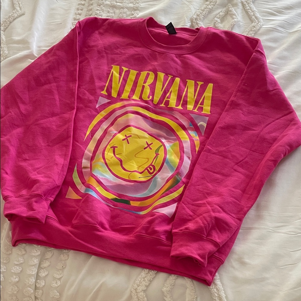 Gildan Pink Crew Neck Sweater with Yellow Graphic